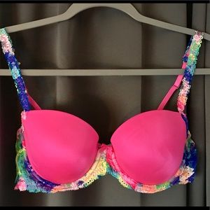 VS Pink Bright Pink Bra with Colorful Lace Band